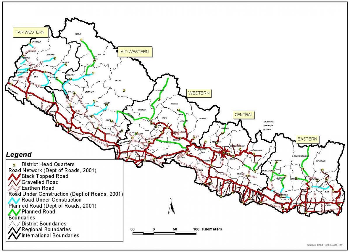 Peta jalan nepal dengan daerah