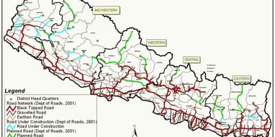 Nepal peta dengan lebuh raya
