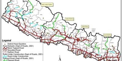 Peta jalan nepal dengan daerah
